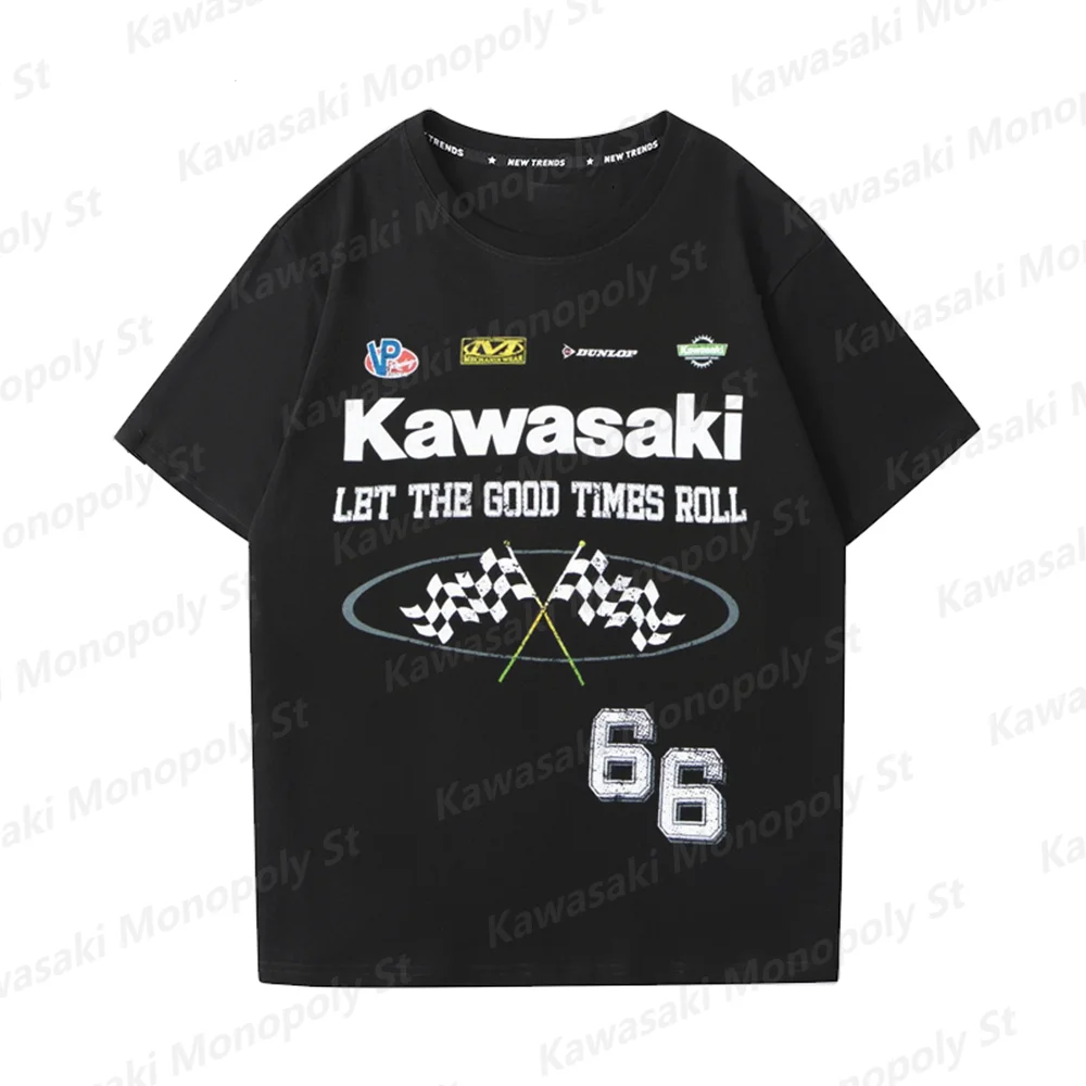 24/25New Summer Boy Kawasaki Motorcycle Kawasaki Printed Men  Motorcycle Lovers Short Sleeve T-Shirt Kid/Adult Street Cotton Top