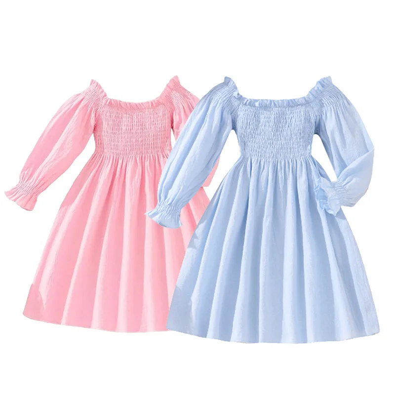 Little Hand Dresses for Children Toddler Kid Girls Long Sleeve Pink/Blue Dress Autumn Dance Party Clothes for 3 to 7Y