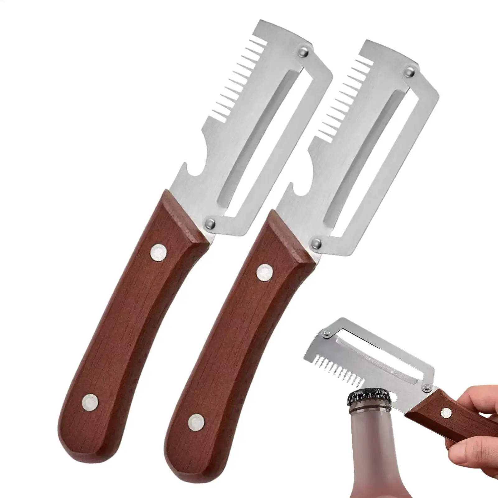 Wooden Handle Vegetable Peeler Stainless Steel Scallion Shredder Multi-Function Kitchen Tool For Slicing Peeling Fruits Veggies