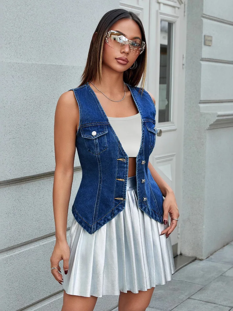 Ceco Vaquero para Mujer, Chaqueta Corta, Cuello en V, Sin Botones, Sin Mangas, Corte Ajustado, Producción China, Verano 20...