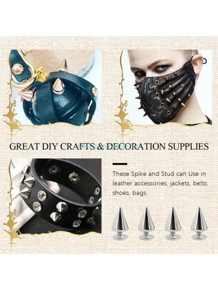 E74E 201Pcs Punk Spikes and Studs 3 Size Cone Spikes Metal Tree Spikes Studs for Leather Craft Clothing Craft Decoration
