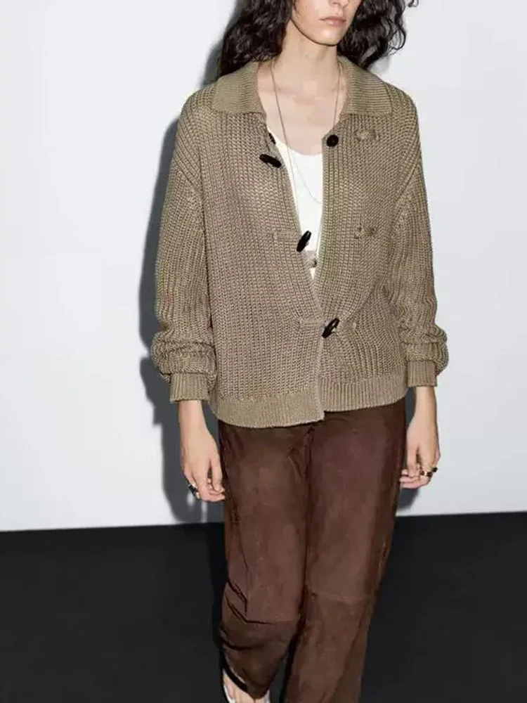 

Fall 2025 Women's Knitted Open Front Sweater with Horn Buttons Thi Needle New Arrival Ladies Faionable Cardigan