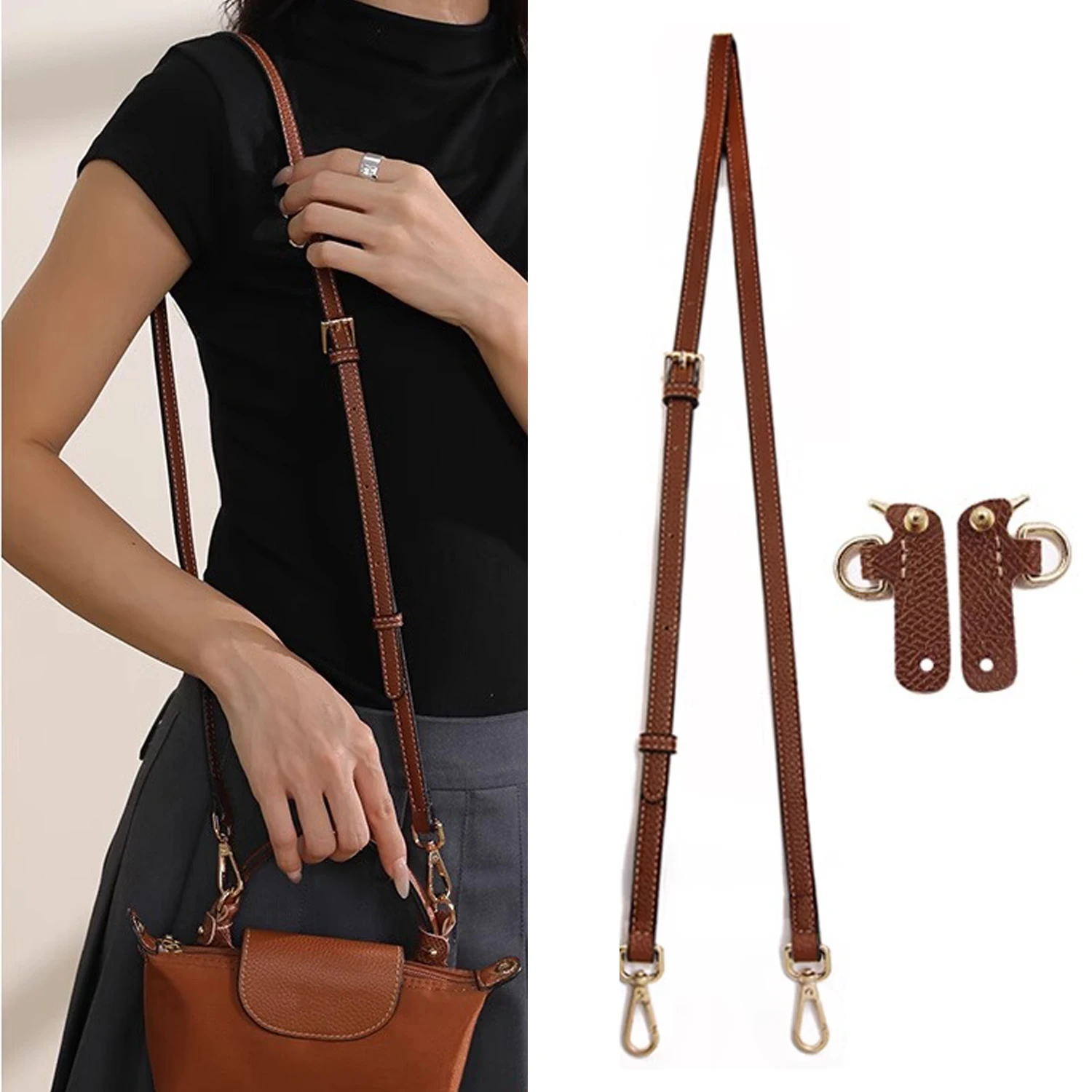 

【Upgrade】Leather Replacement Crossbody Bag Strap, Fit for Longchamp Mini Shoulder Strap Without Punching Modification