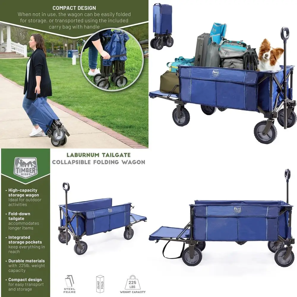 Vagão dobrável resistente, azul, para ambientes externos, mercearia, camping, comporta 225 libras com bolsos laterais