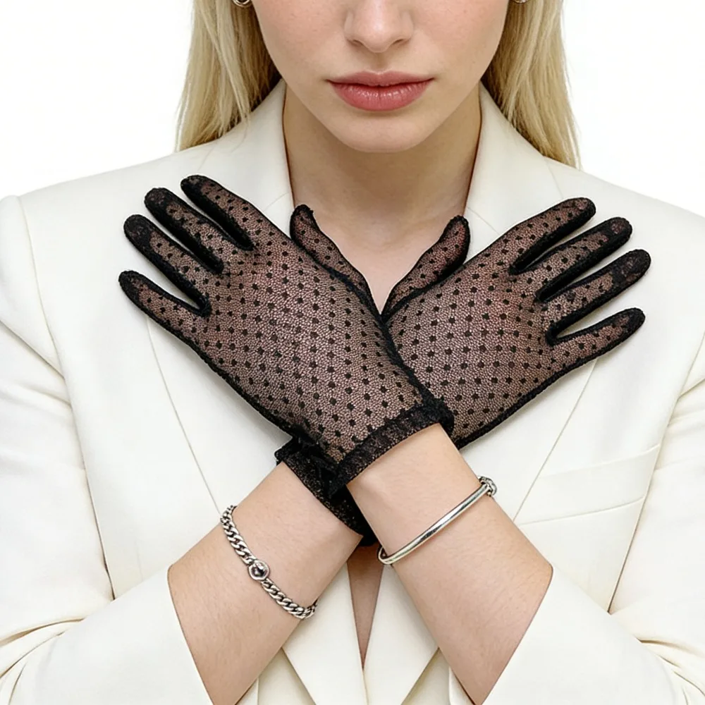 Damen Schwarz-Weiße Sommer UV-Schutz Fahrerhandschuhe Dünne Netz-Mesh-Spitzenhandschuhe