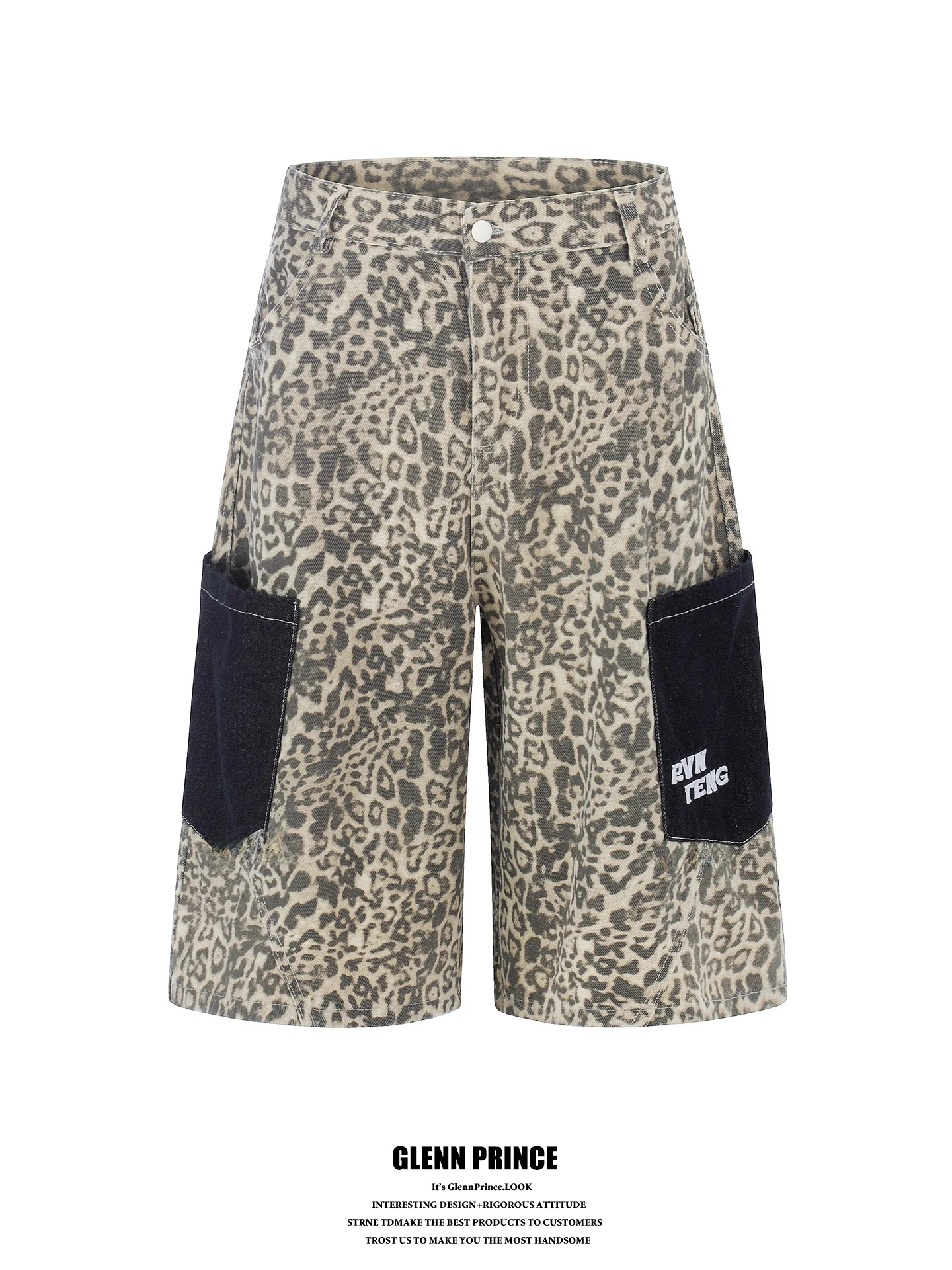 GPstudio American Retro Color Block Pocket Leopard Print Seven Inch Pants Men Summer Street Small Couple Wide Leg Shorts