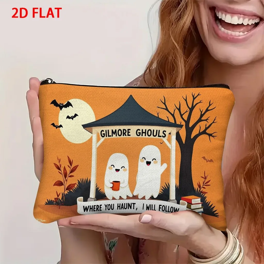 Halloween Themed Print Cosmetic Bag Durable Polyester Makeup Pouch with Playful Ghost & GILMORE GHOULS Pattern Daily Storage Use