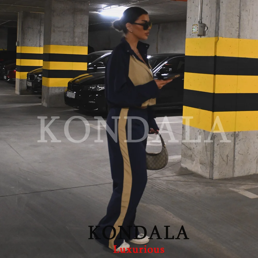 KONDALA Casual Chic Khaki Women Pants Suit Patchwork Zipper Loose Top Long Elastic Waist Pants Fashion 2026 Autumn Sports Suit