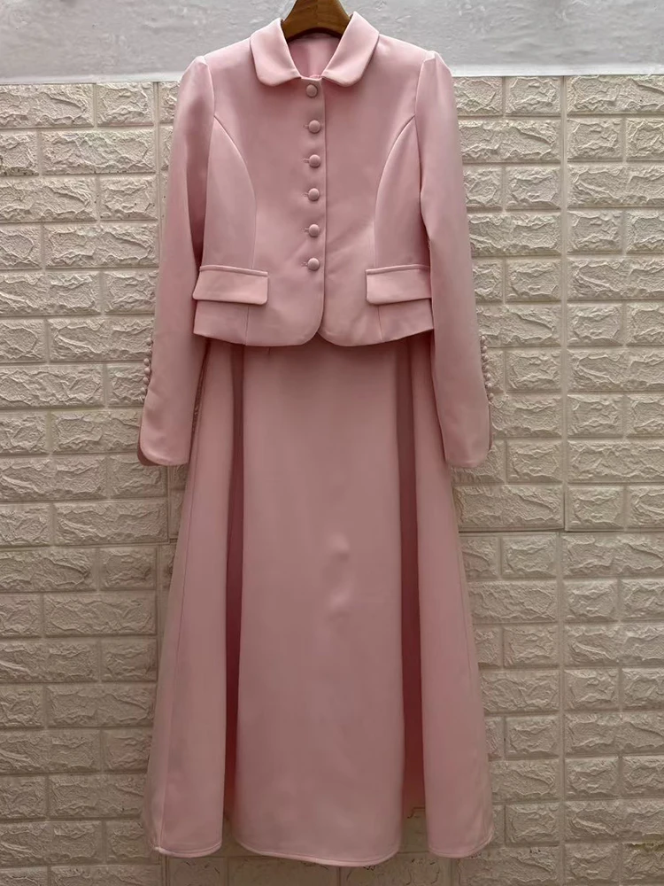 2025 new autumn ladies' dresses, high sense, single-breasted long-sleeved tops, high waist and big skirt, fashion two-piece suit