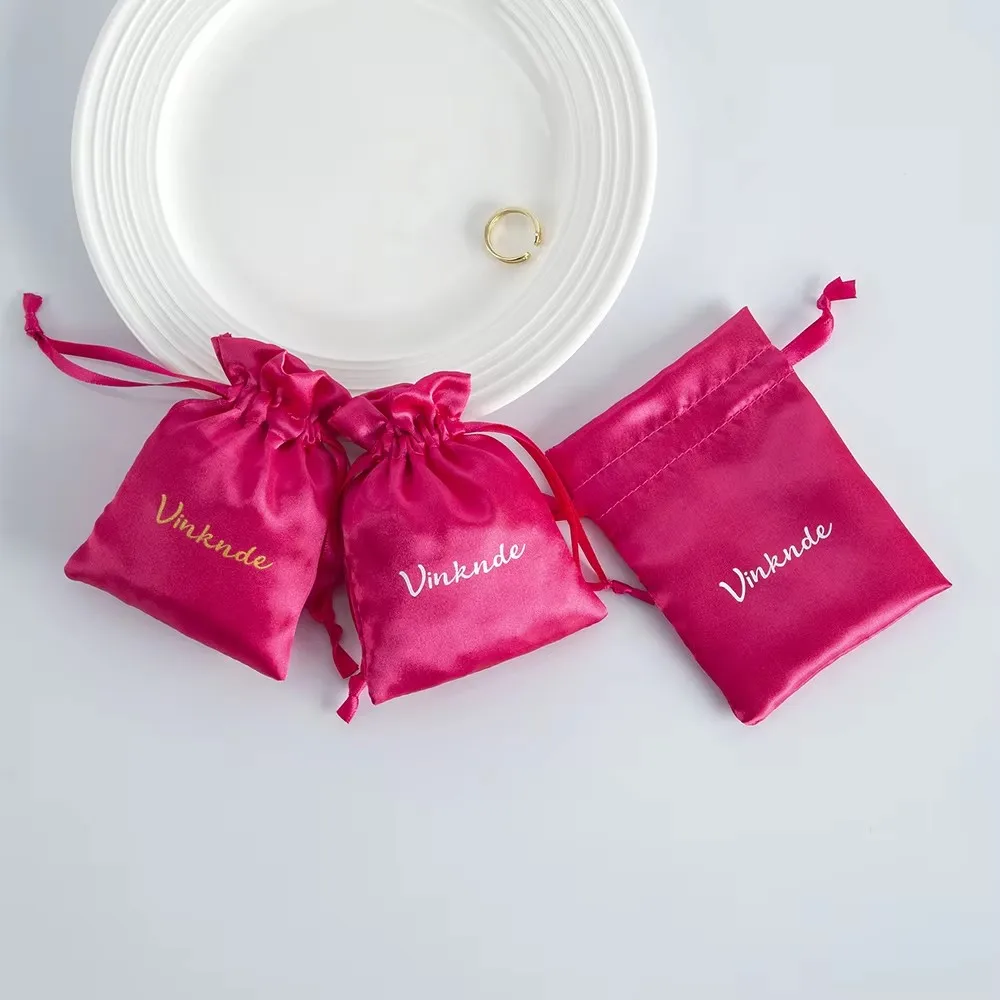 

Custom Logo Rose Pink Accessary Drawstring Satin Bag Medium Size Bracelet Pendant Packaging Pouch Feast Present Jewelry Storage
