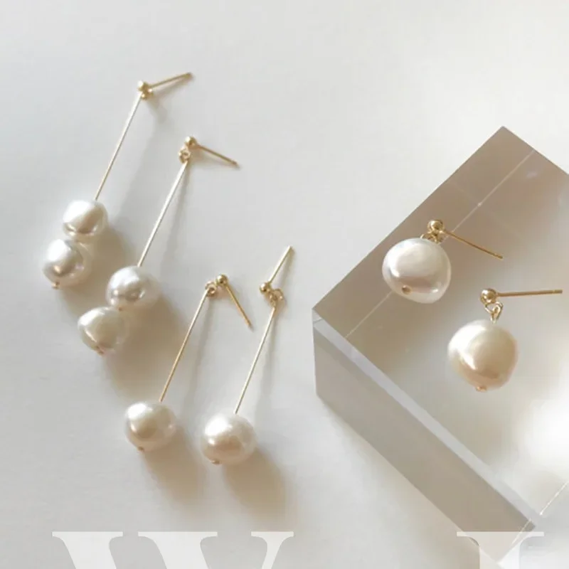 Minar Delicate Genuine Freshwater Pearl Earring for Women Gold Color Metal Baroque Pearls Long Drop Earrings Elegant Oorbellen