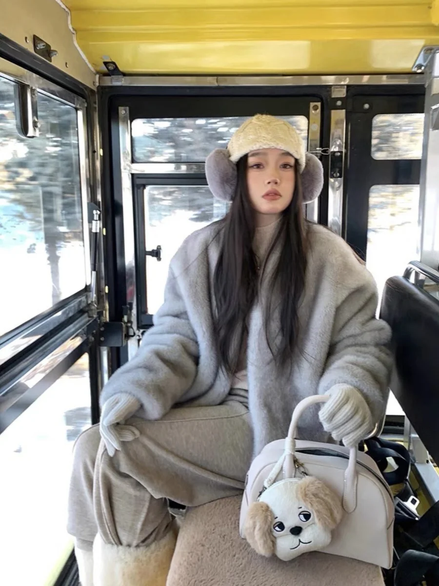 Abrigo de Piel Sintética Ecológico para Mujer, Corte Holgado, Elegante, Piel Sintética de Aspecto Natural, Estilo Coreano, Cuello en V, Manga Larga