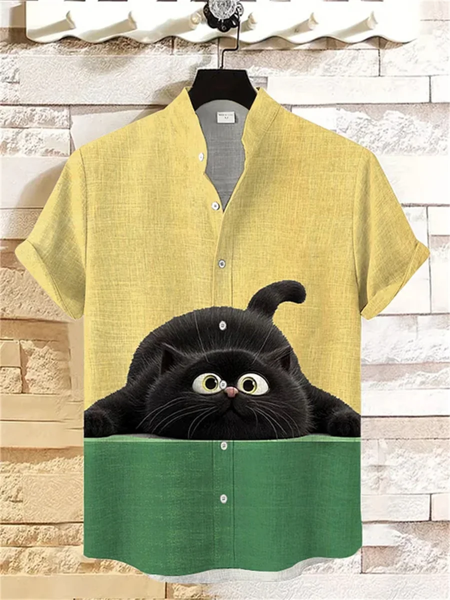 

Мужская рубашка с короткими рукавами и кошачьим принтом, воротник-стойка, однобортный, повседневный мужской топ, модная и стильная гавайская рубашка.