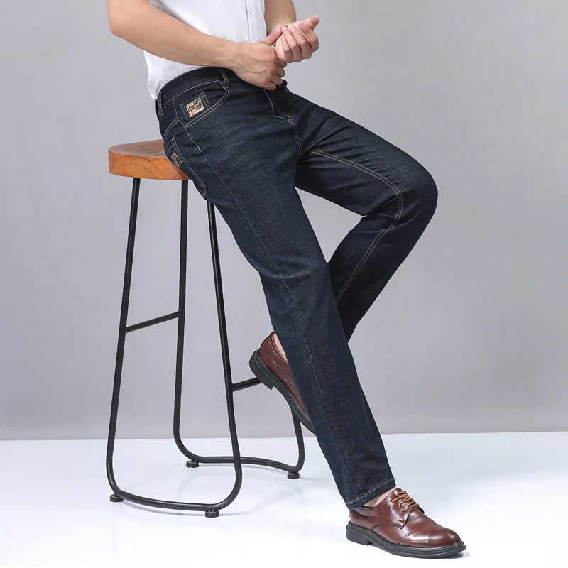 2025 New Embroidery Fashion Straight Jeans Men Stretch Black Blue Slim Fit Pants Comfortable Business Denim Trousers 28-40