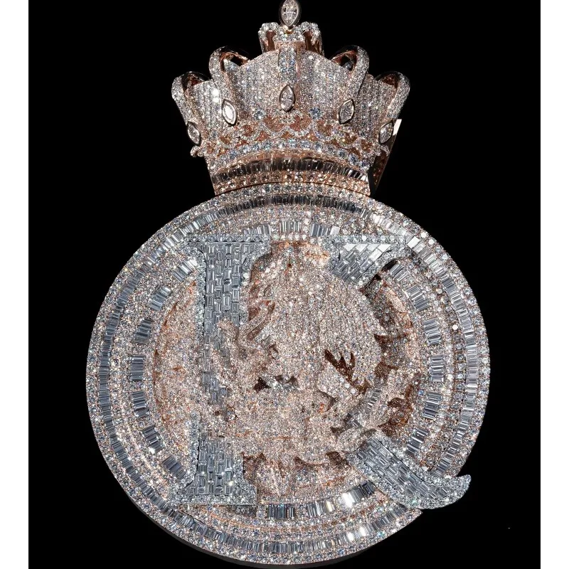 Iced Out Crown Letter K Lion Pendant for Men, Two-Tone Rose Gold Plated Baguette Cut CZ Hip Hop Bling Jewelry, Rapper Gift