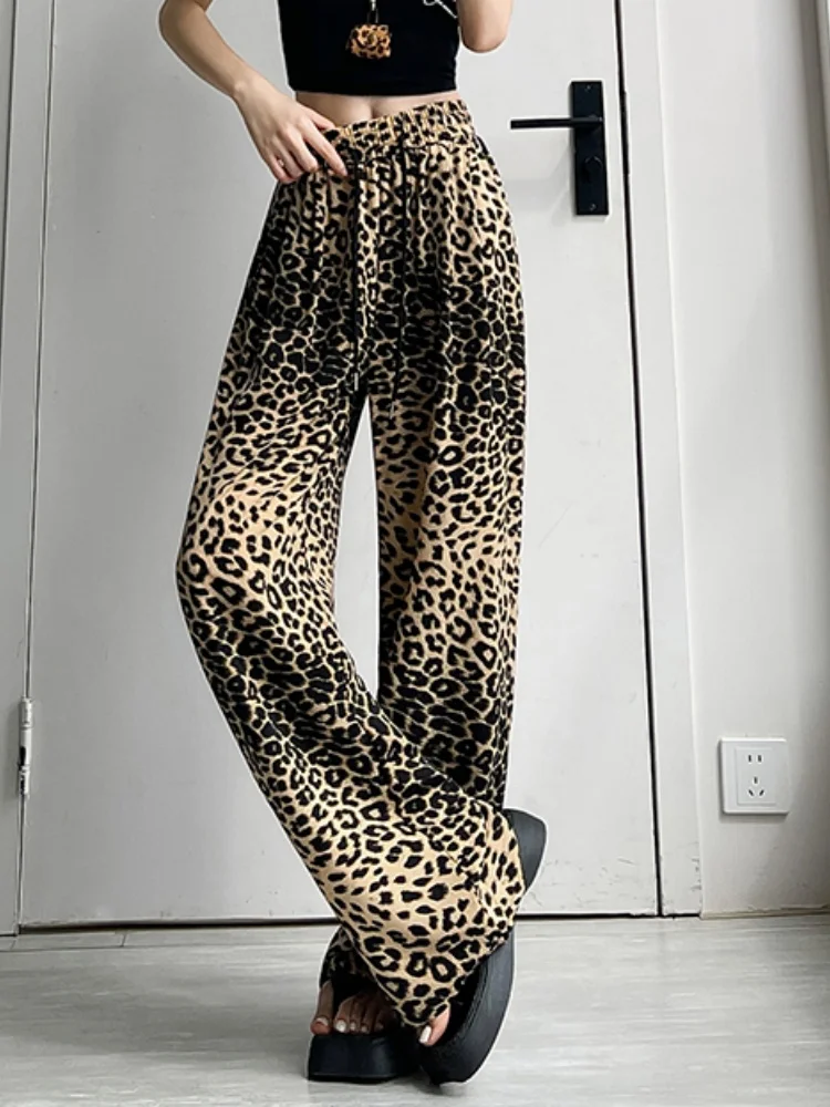 

Retro Ice Silk Leopard Print Wide Leg Pants For Women's Summer 2025 New High Waisted Loose Lazy Casual Pants
