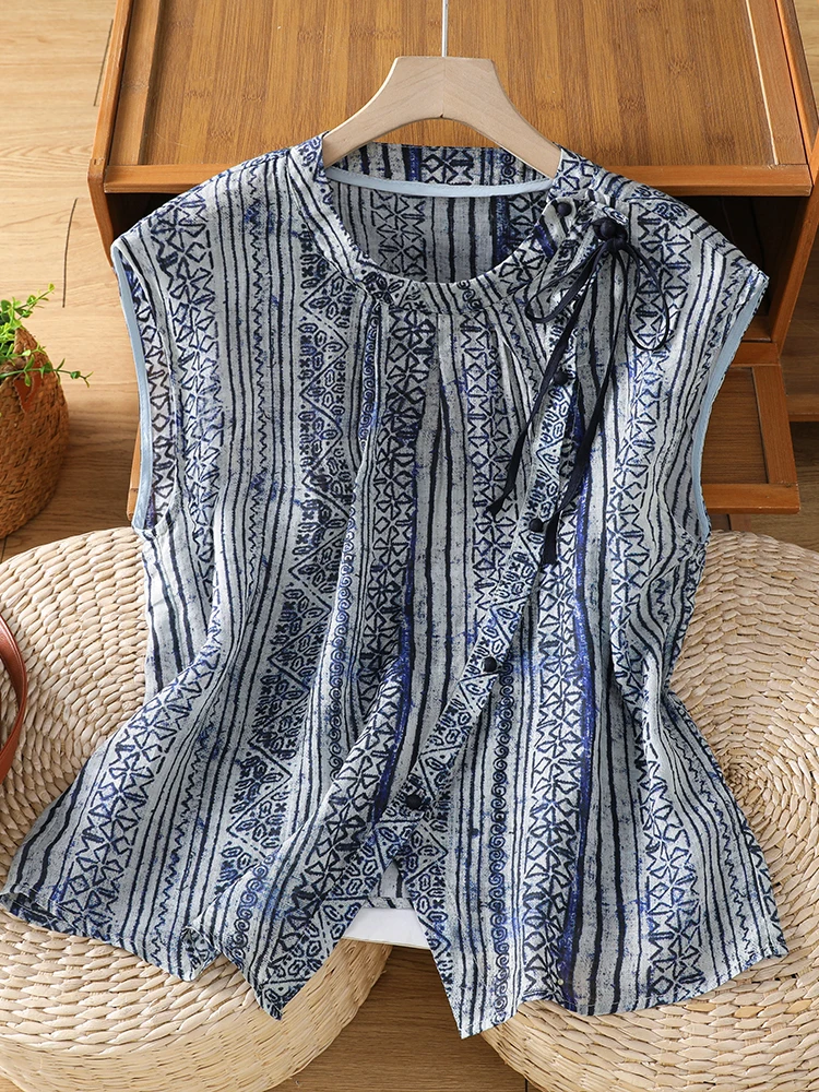 

Summer 2026 Artistic Hemp Shirt Women's Large Size Versatile Gradient Dyeing Button Stand Collar Belted Casual Shirt