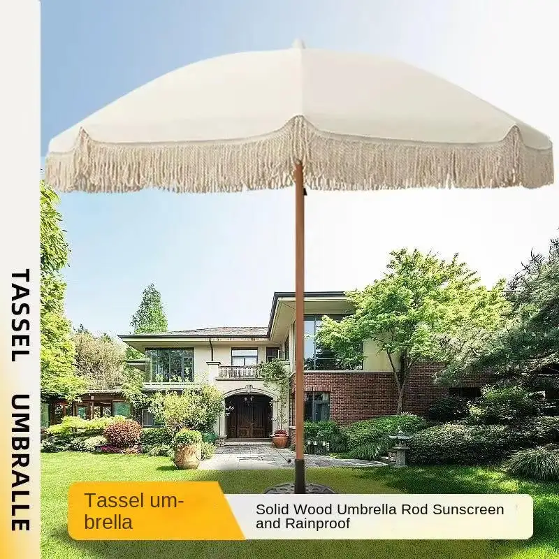 Portable Windproof Polyester Parasol with Vintage Wooden Pole French White Scalloped Edge Outdoor Use Tassel
