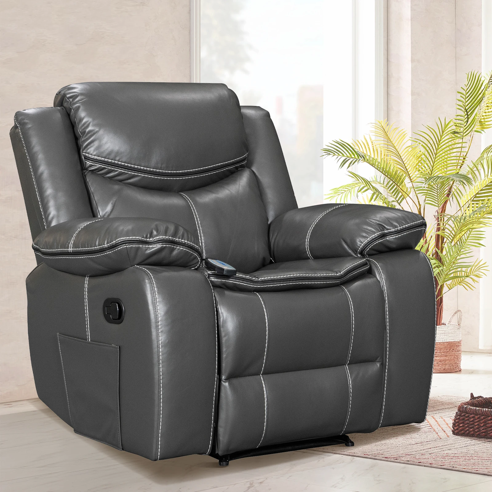 Recliner Chair Oversized Reclining Sofa Chair for Adults Pu Leather Massage and Heated Recliner Chair for Living Room Comfy Brea