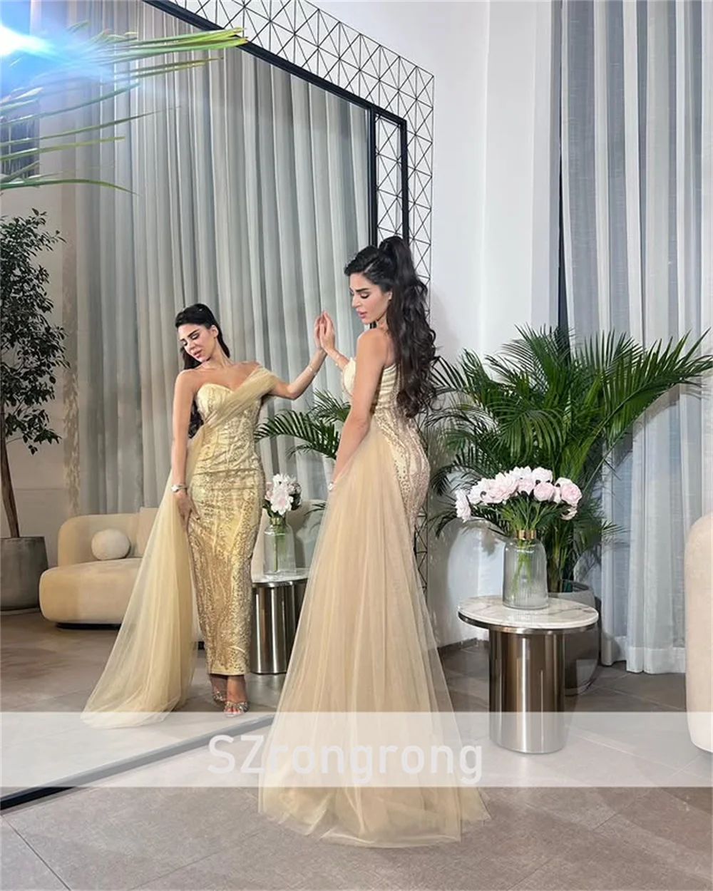 Vestido de fiesta personalizado, glamuroso, sin mangas, con cuentas brillantes, tubo de tul, sin espalda, hasta el tobillo, vestido de noche con corte de barrido