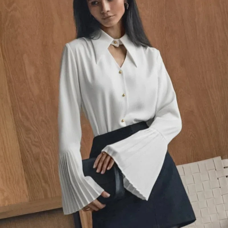 Spring Autumn New Fashion Turn-down Collar Pagoda Sleeve Solid Patchwork Blouses Women's Clothing Loose All-match Button Shirts