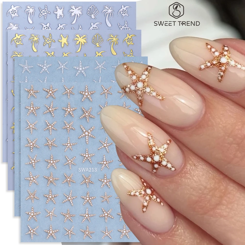 

2/4pcs Summer Ocean Nail Stickers Gold Silver Starfish Star Coconut Tree Pattern Design Nail Decals DIY Manicure Decor Sliders