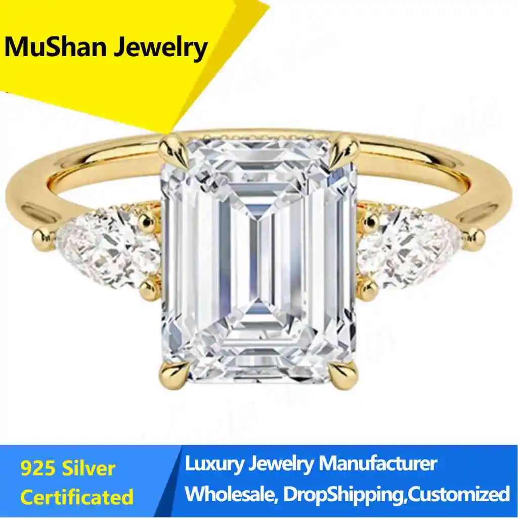 MuShan Jewelry S925 Silver Emerald Cut Diamond Ring Female 9 10 14k Gold Cultured Diamond 1 Carat Three Stone Wedding Ring