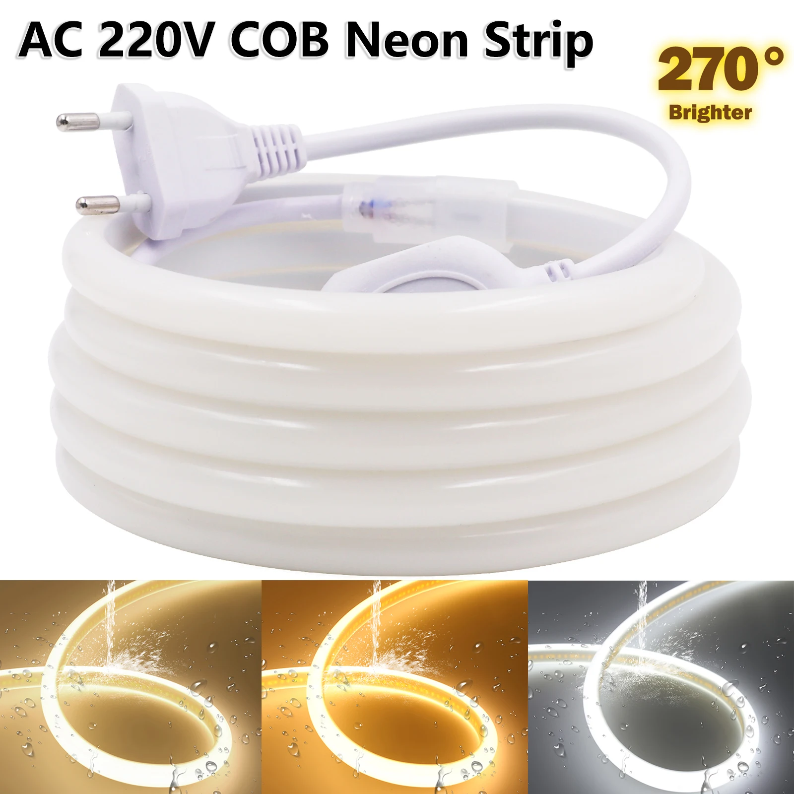 COB LED Strip 220V High Bright 270° Luminous Neon Rope Light Waterproof COB Tape Natural Warm White LED Strip for Home Garden