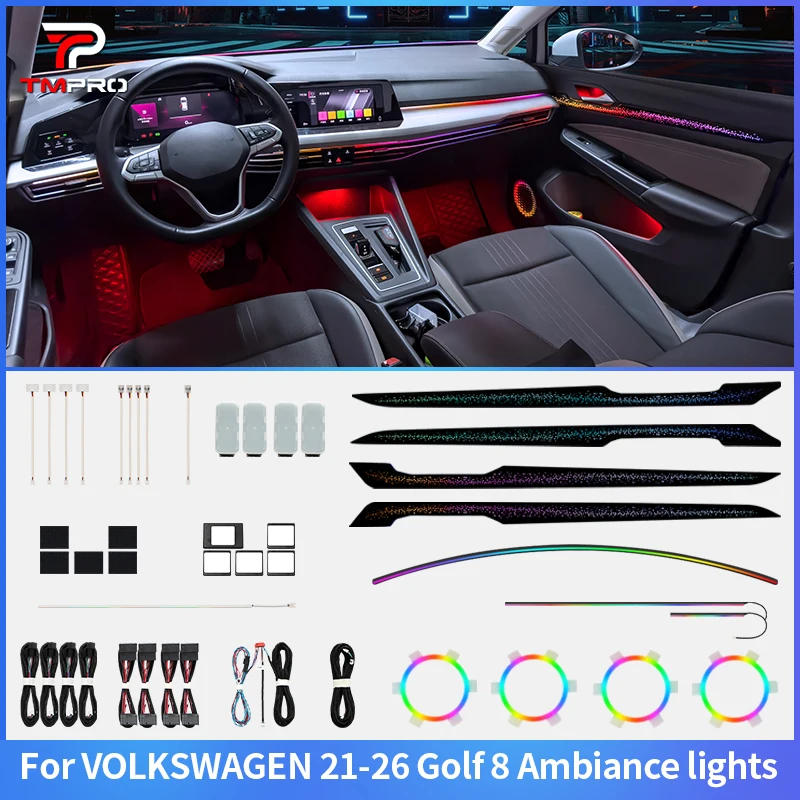 TMPRO – feux d'ambiance de voiture pour Volkswagen Golf 8 2021 – 2026, décoration intérieure automobile, 64 couleurs, systèmes d'assistance de sécurité LED