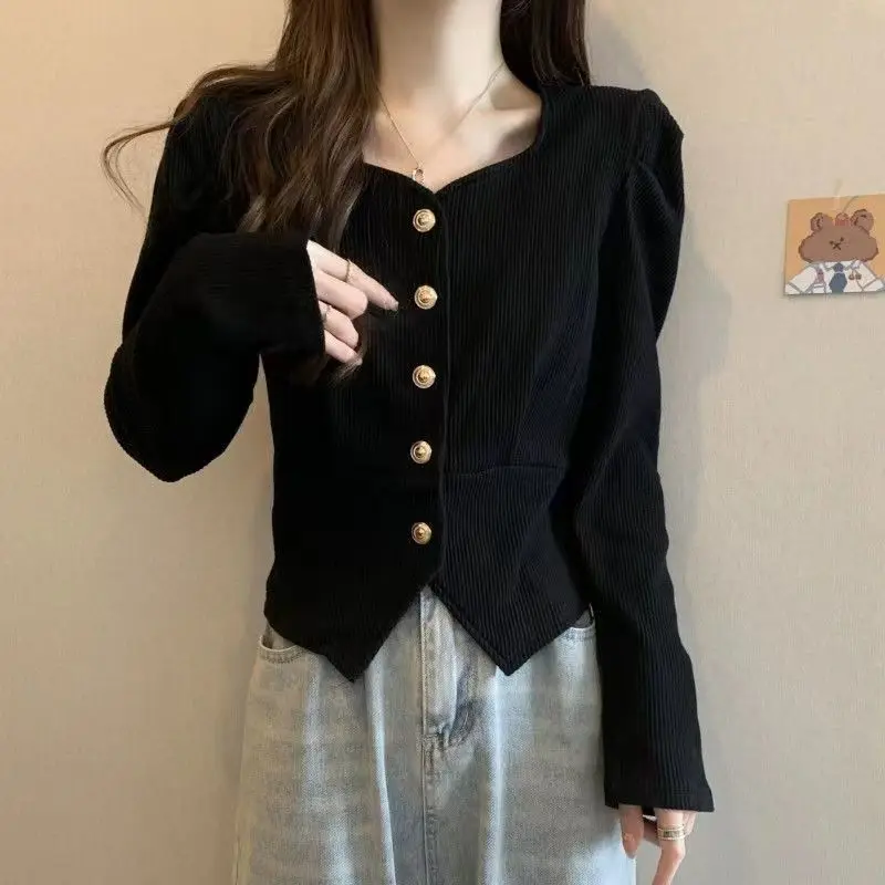 Spring Autumn Women Trendy Square Collar Ribbed Y2K Chic Button Jackets Casual V Neck Long Sleeve Solid Slim Coat Ropa De Mujer