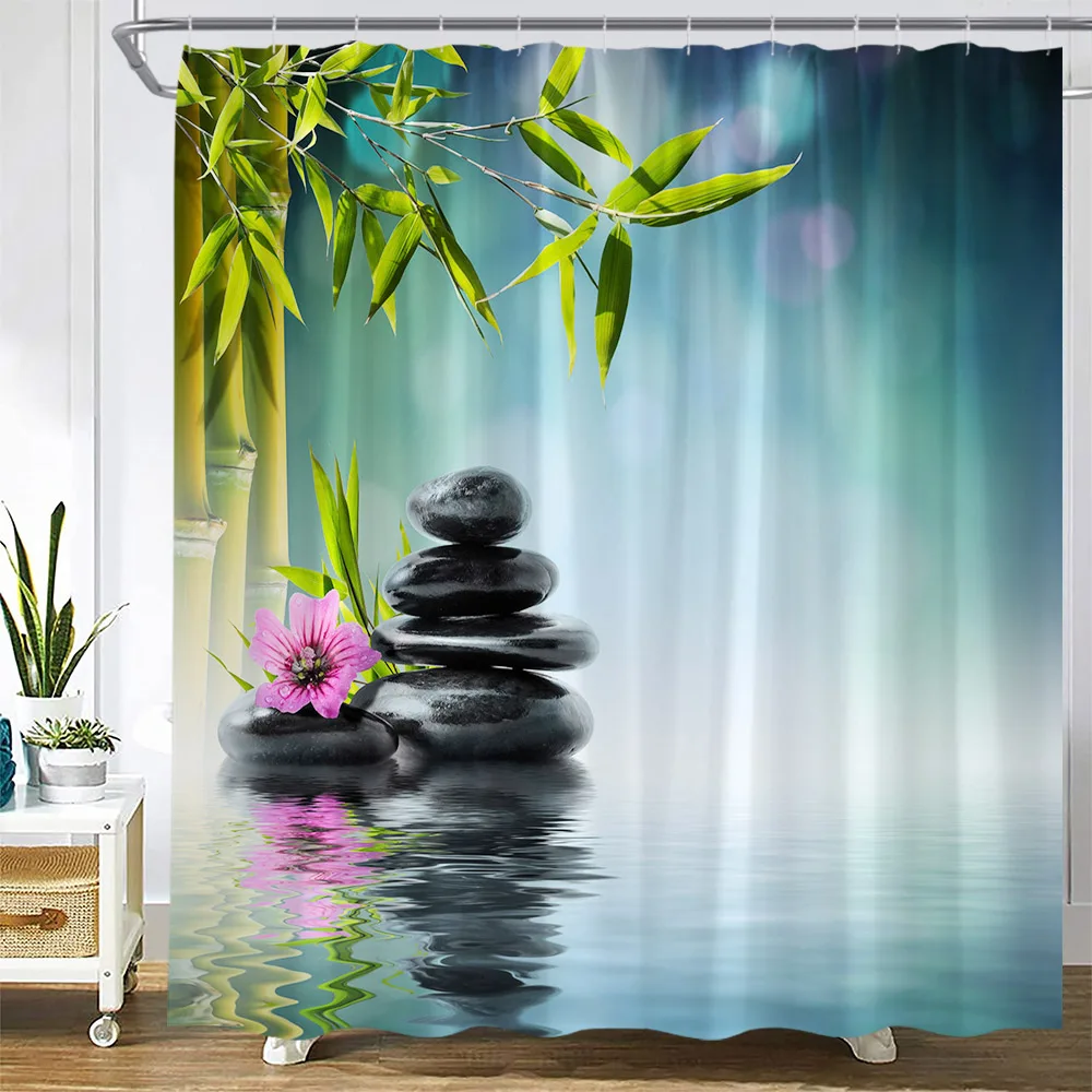 Zen Buddha Green Bamboo Shower Curtain Palm Trees Beach Ocean Flower Plant Nature Landscape Wall Hanging Bathroom Decor Curtains