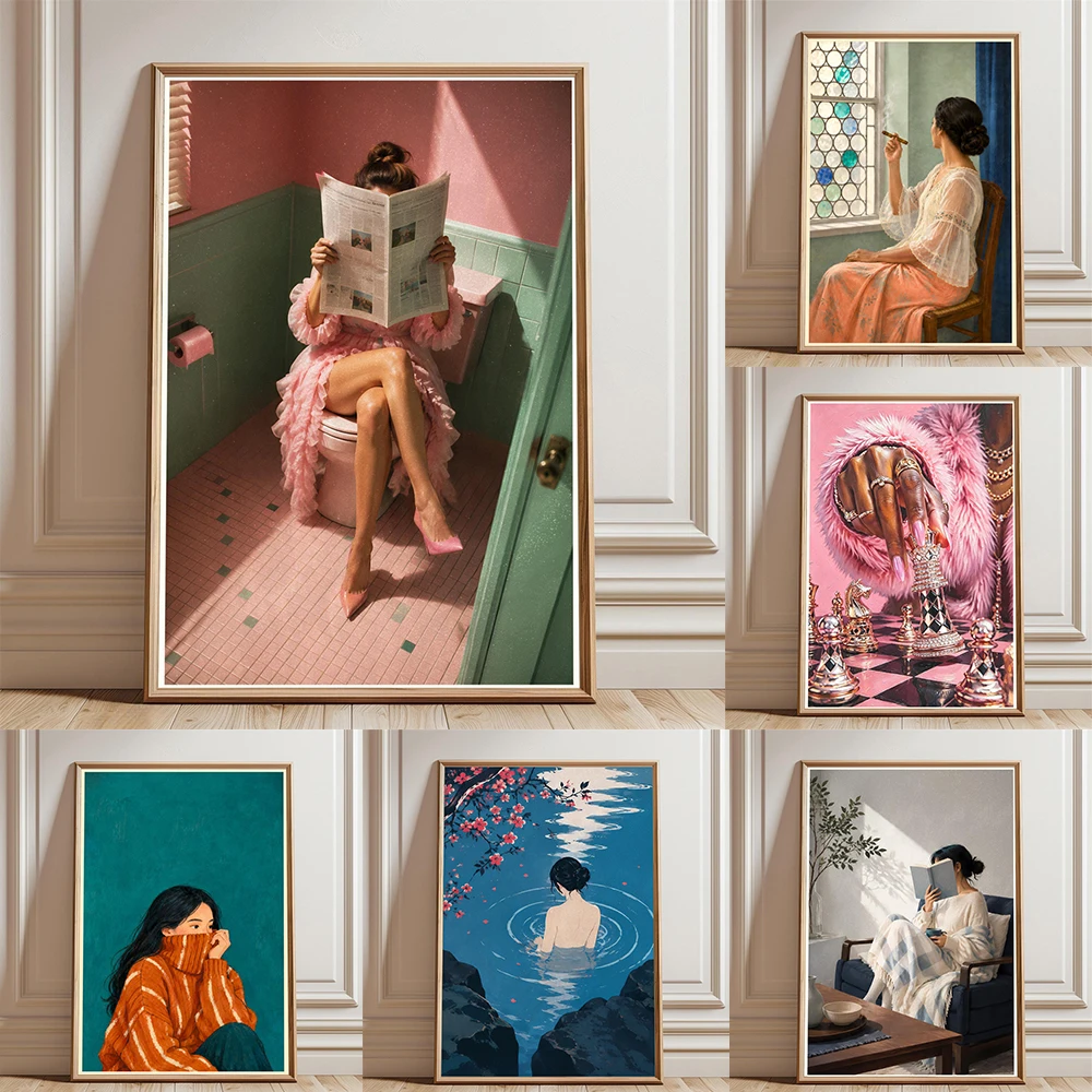Vintage Filipina Woman Cigar Print Stained Glass Window Art Retro Cigar Smoker Poster Woman on Toilet Reading Newspaper Canvas
