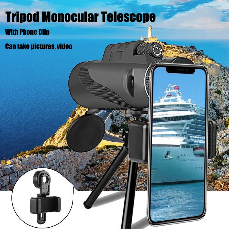 80X100 HD Professional Monocular Telescope Phone Camera Zoom Starscope Tripod Telescope Phone Clip For Outdoor Camping Accessory