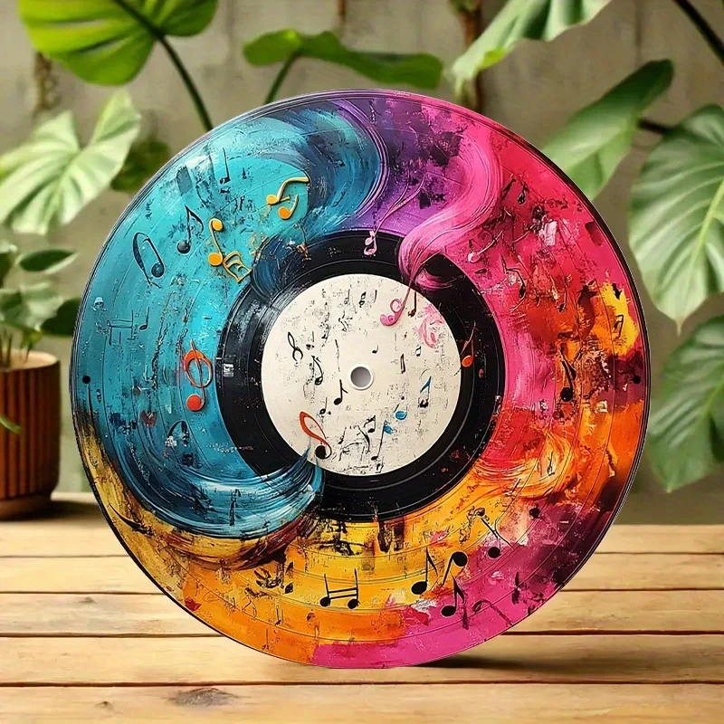 12inch Vibrant Vinyl Record Artwork with Musical Notes—Colorful Round Aluminum Decorations for Home, Office, or Music-Themed Settings