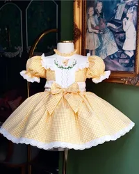 Baby Girl Summer Yellow Plaid Chicken Embroidery Turkish Vintage Princess Ball Gown Dress for Birthday Holiday Easter Eid  B154