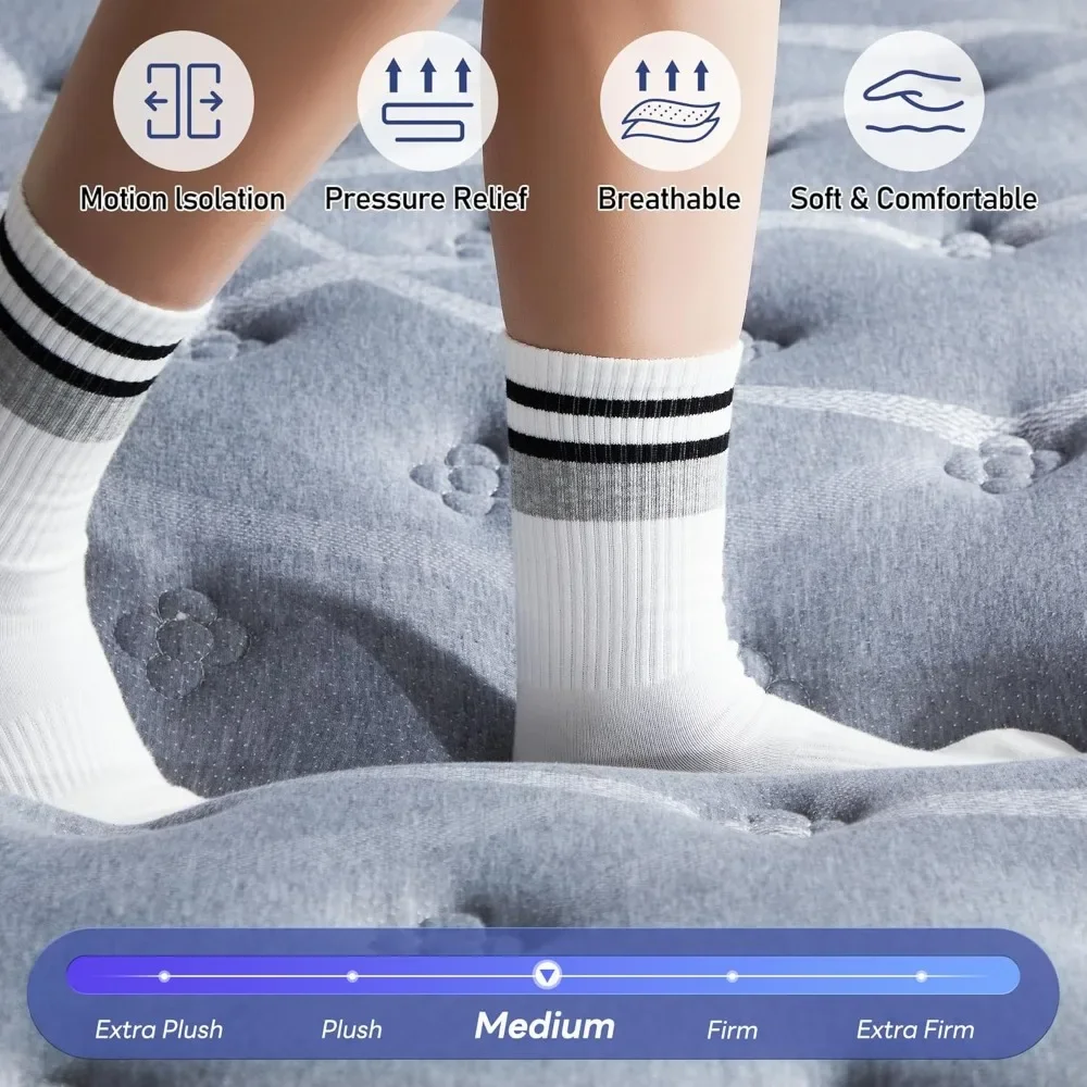 مرتبة بحجم 10 بوصة، مرتبة هجينة من إسفنج الذاكرة مزدوجة في صندوق، نوابض جيب لتخفيف الضغط، شركة متوسطة، ألياف زجاجية