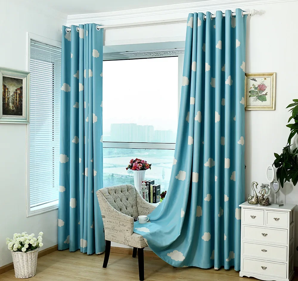 Modern Minimalist Blue Sky White Cloud Cloth Curtain 1 Cute and Childlike Printed Blue Curtain