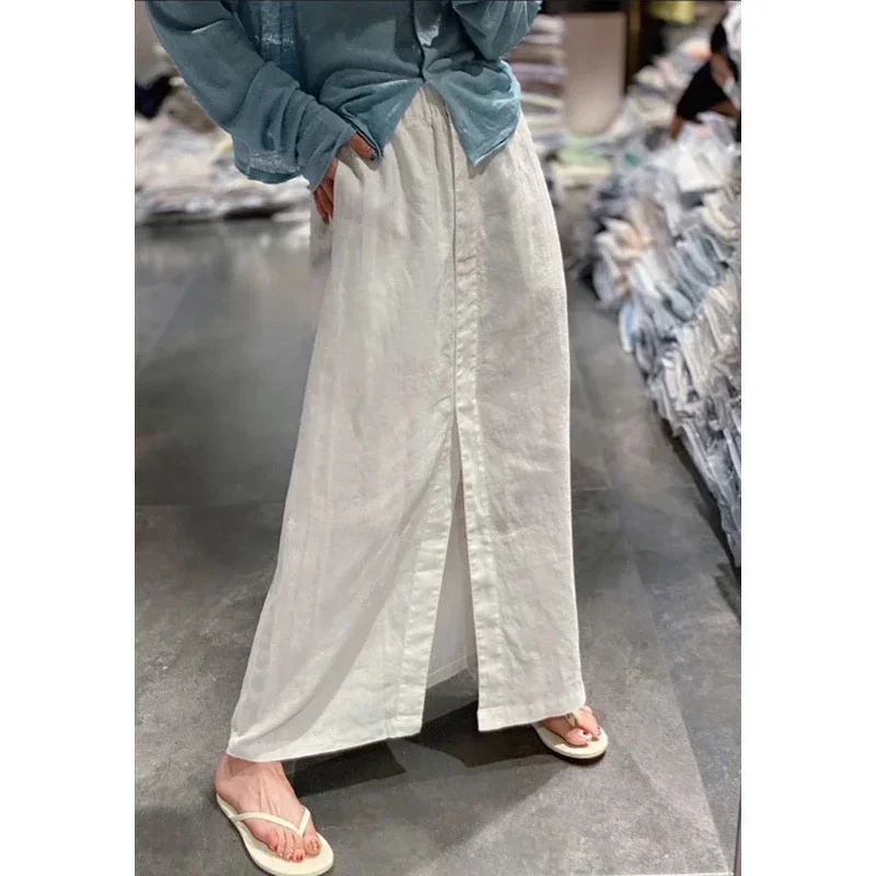 New Fashion White Linen Skirt Women French Elastic Waist Casual Loose Front Split Ramie Skirts A-line Solid Color Long Jupe