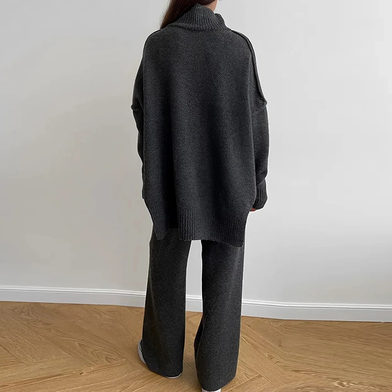 Autumn Winter Warm Outfit Women Solid Turtleneck Knit Sweater Set Oversized Long Sleeve Loose Top Pullover High Waist Pants Suit