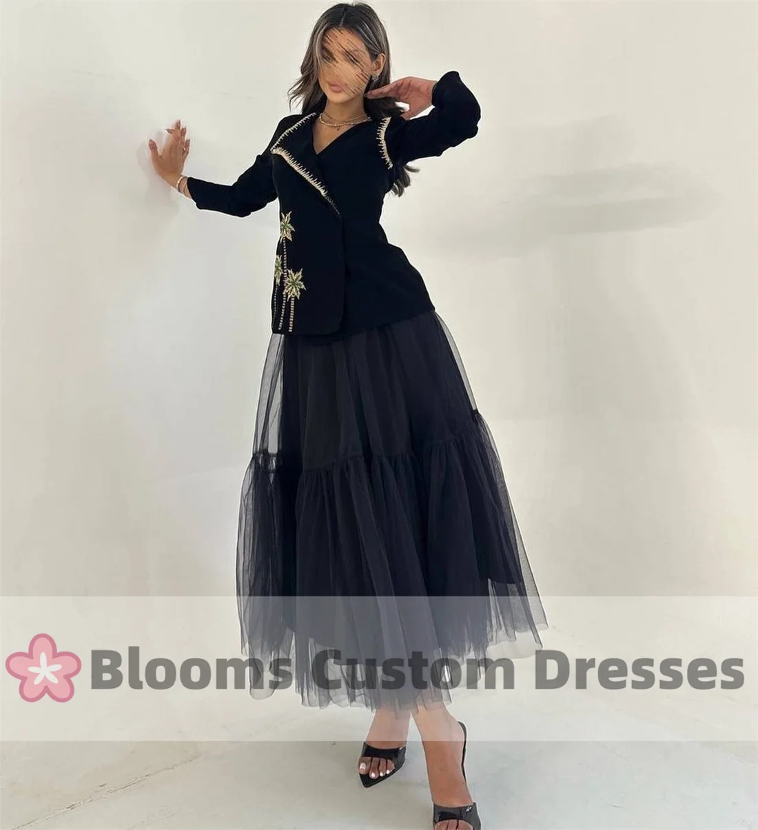 Blooms Customized Black Crepe Tulle A-Line Evening Dresses Beaded Coconut Tree Long Sleeves Formal Occasion Party Dress For Prom