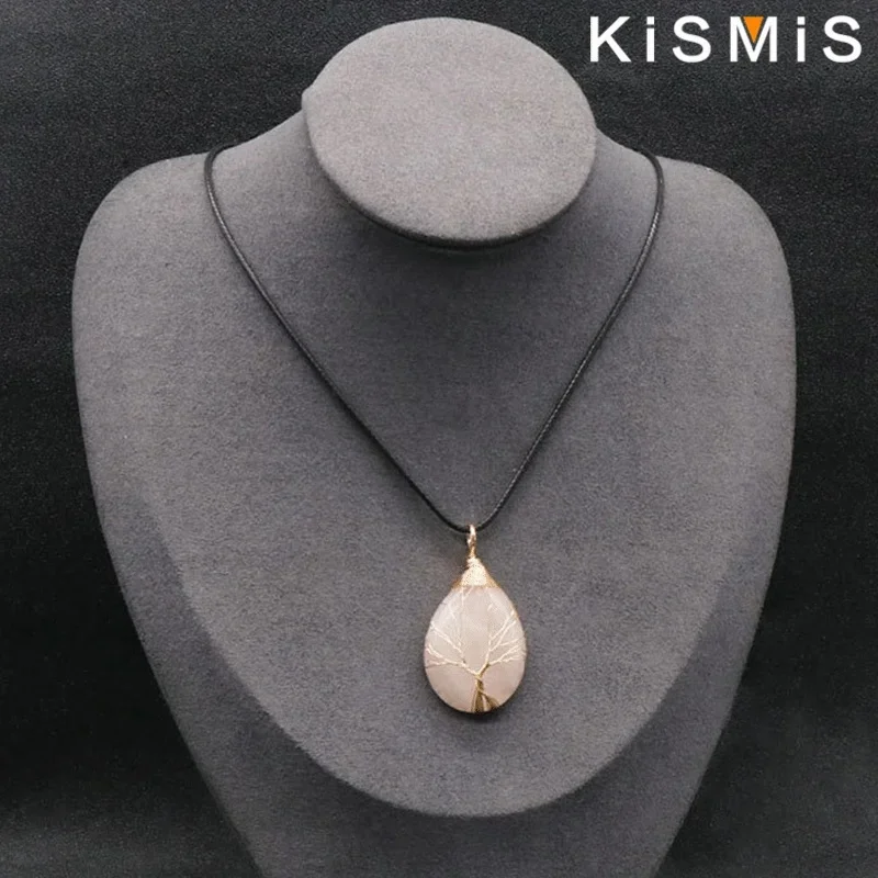 KISMIS 1PC Natural Stone Crystal Water Drop -shaped Winding Life Tree Pendant Necklace