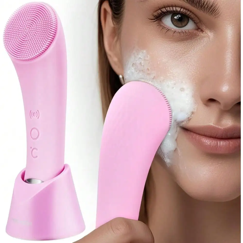 

Facial Cleansing Brush, Rechargeable Silicone Face Scrubber With Heat Massage End, Vibrating Exfoliator Scrubber For Deep Cleani