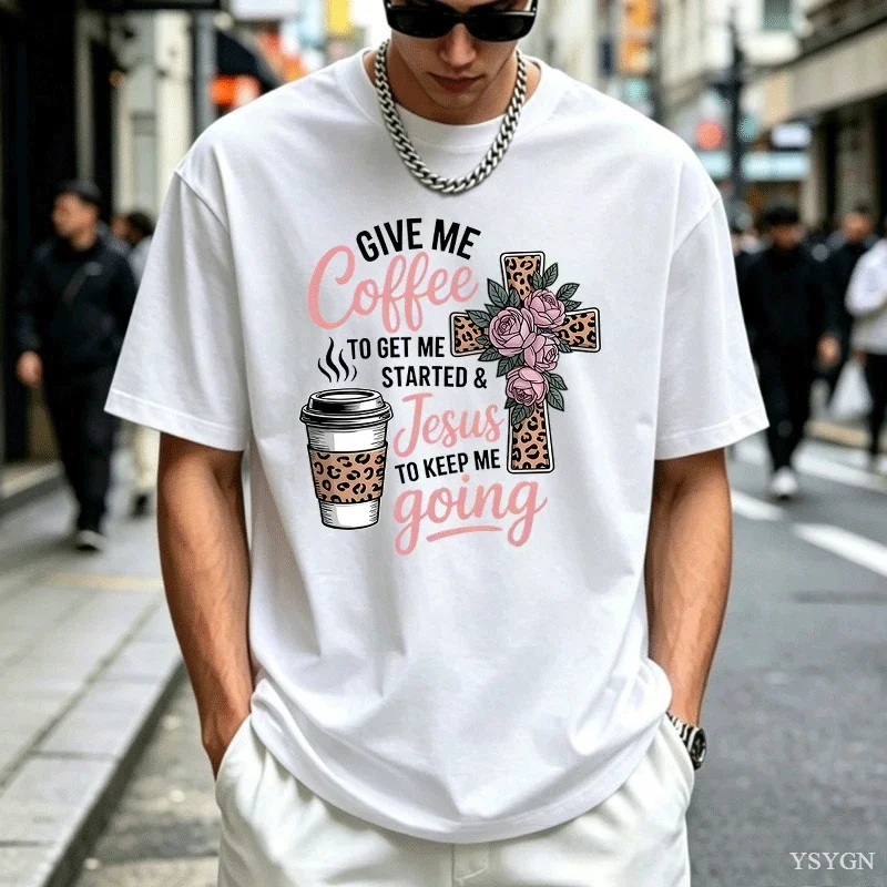 Coffee and Jesus Rose Graphic T Shirts Men Women Cotton Short Sleeve T-shirt Unisex Faith Cross Tshirt Casual Printed Tees Tops