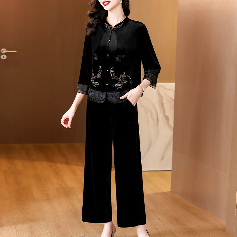 

AIMEILI Women Autumn & Winter Elegant Embroidery Velvet Pant Suit Set Female Office Two Piece Set Mesh Designer Two-piece Suits