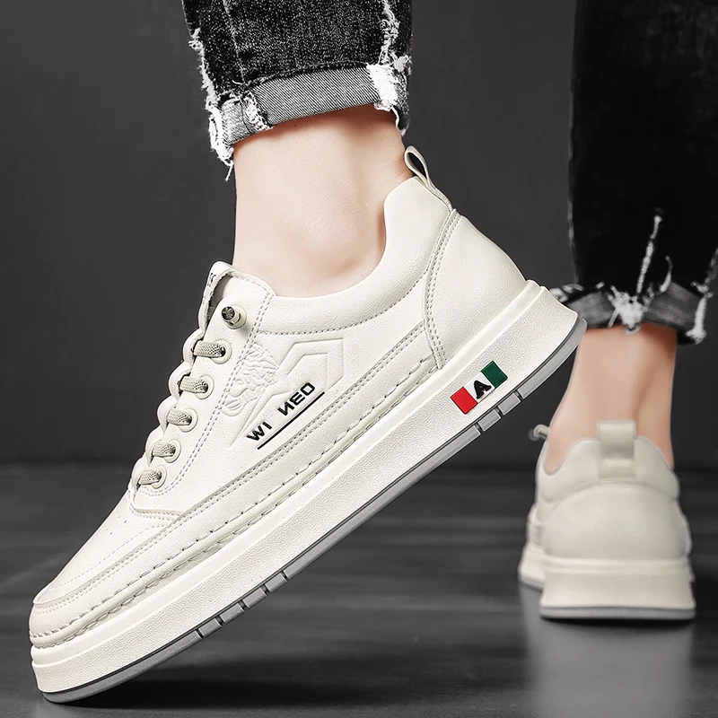 

British Style Leather Surface, Waterproof Casual Sports Sneakers, Soft-soled White Shoes