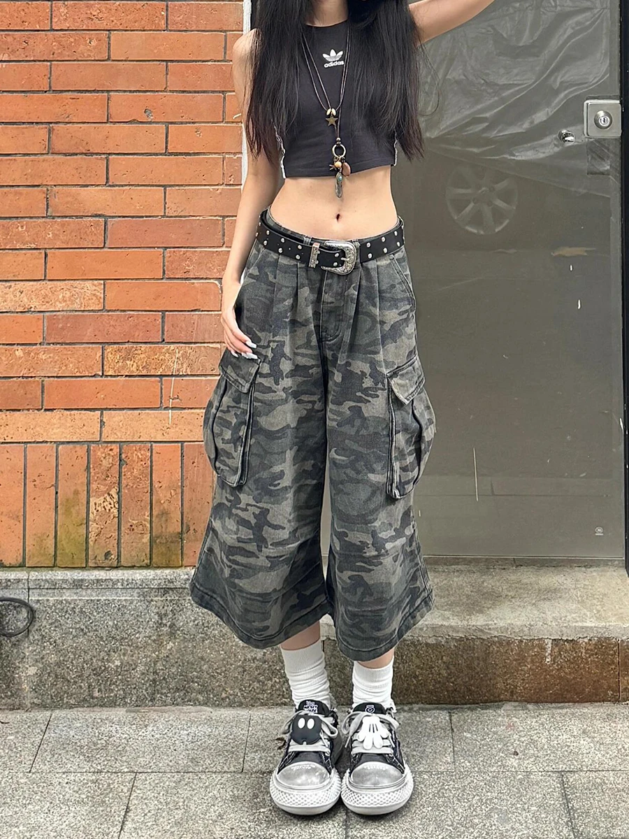 REDDACHiC Cargo Pockets Camouflage Baggy Jorts Women Pleated Pintuck Loose Casual High Rise Denim Shorts Harajuku Retro Clothes