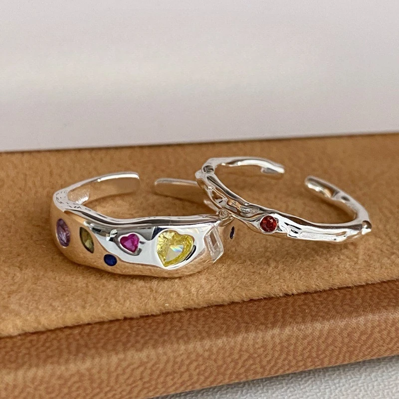 Creative Sweet 925 Sterling Silver Adjustable Colorful Crystal Heart-shaped Ring for Woman Girl Exquisite Jewelry Accessory Gift