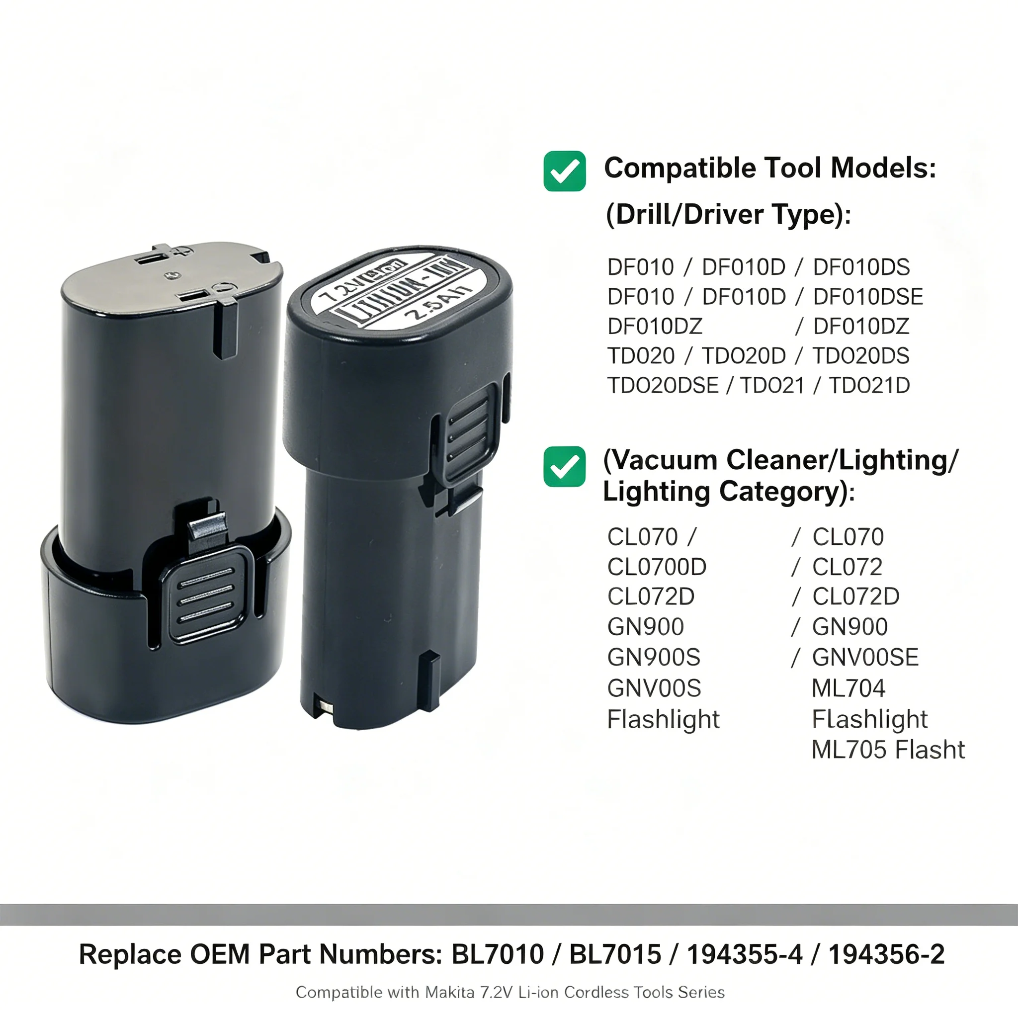 New Suitable for Makita 7.2V 2500mAh Universal New Rechargeable Lithium Battery Model BL7010 BL7015 DF010 TD021DSE