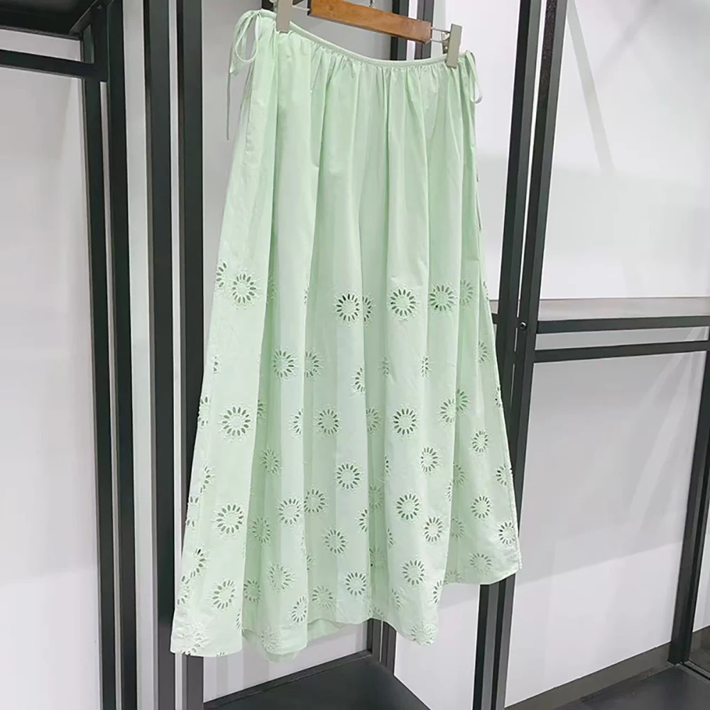 Women 100% Cotton Wide Leg Pants Hollow Out Embroidery Elastic Waist Casual Loose Trousers Green Boho Beach Pants Summer Holiday