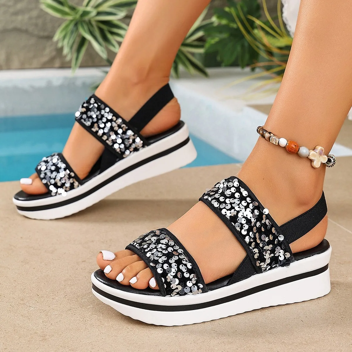 Sandalias de verano para mujer, sandalias ligeras con lentejuelas y cuña de esparto para mujer, zapatos cómodos con punta abierta para mujer durante todo el día 366